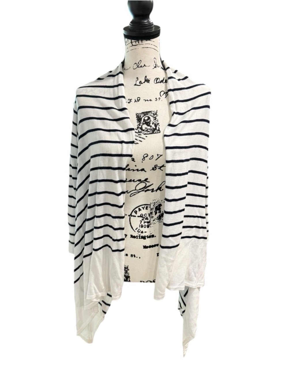 Lauren Ralph Lauren Striped Open Front Draped Cardigan - Black/ White Small